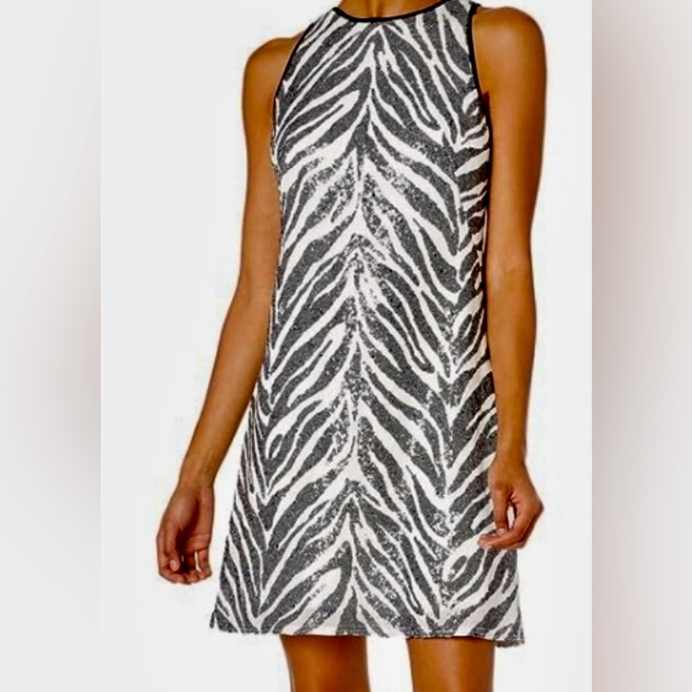 SHO Tadashi Shoji Allover Sequin Zebra Mini Dress Size Large